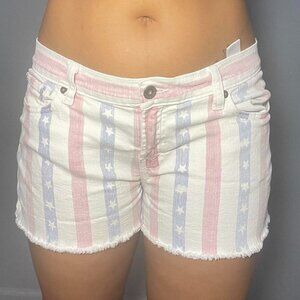 faded red white and blue shorts with stars and stripes